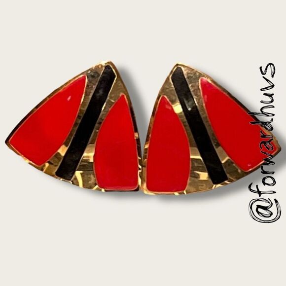 Bundle Sale 3 for $15 | Vintage 1980s Red, Black & Gold Tone Geometric Earrings - Picture 3 of 8